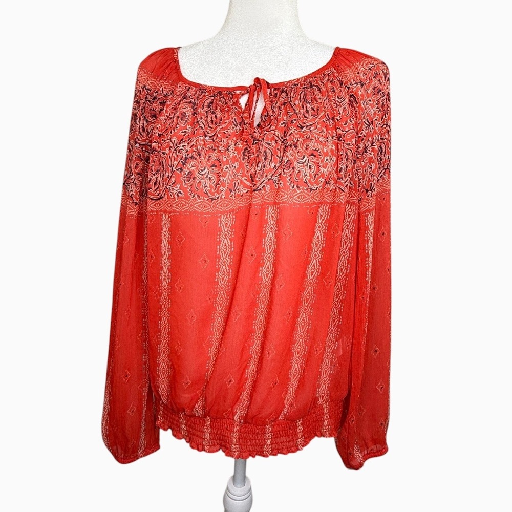 Lucky Brand Size L Red Orange Border Print Peasant Blouse Boho Sheer Top